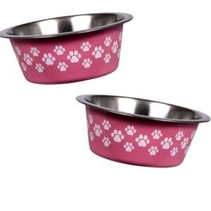 KENNEL CLUB Stainless Steel Pink Paw Prints Dog Pet Food Water Bowl